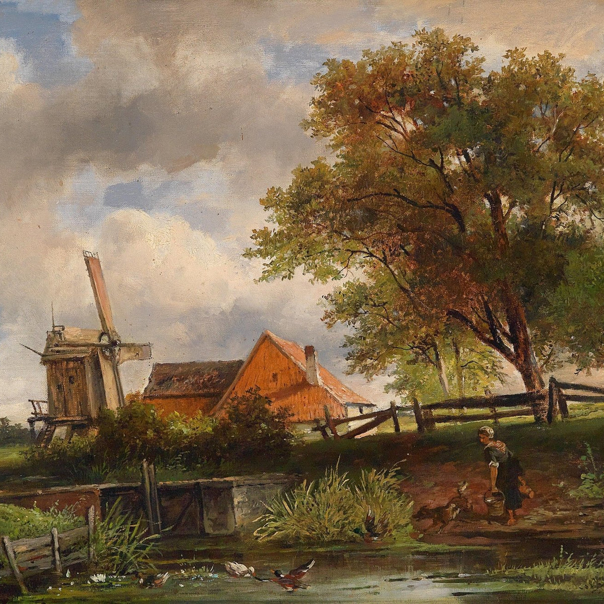 Hand-painted rustic windmill farmhouse by the stream landscape oil painting on canvas