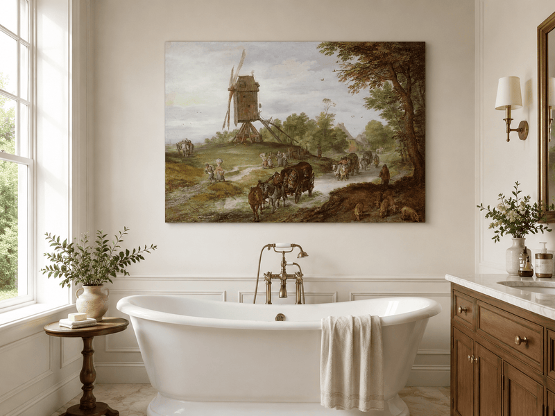 Landscape Oil Painting - Rustic Windmill Road with Horse Carriage