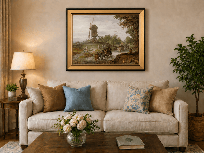 Landscape Oil Painting - Rustic Windmill Road with Horse Carriage