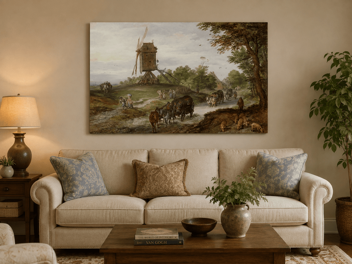 Landscape Oil Painting - Rustic Windmill Road with Horse Carriage