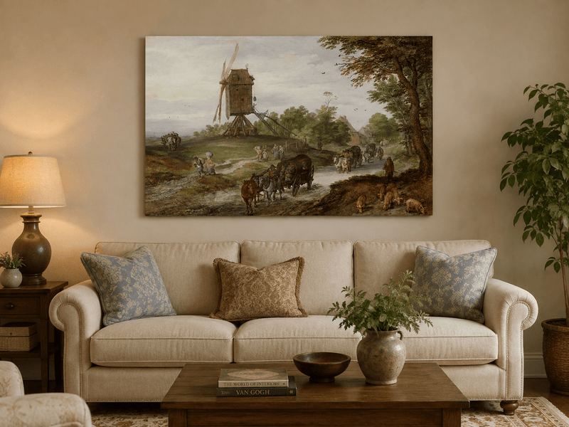 Landscape Oil Painting - Rustic Windmill Road with Horse Carriage