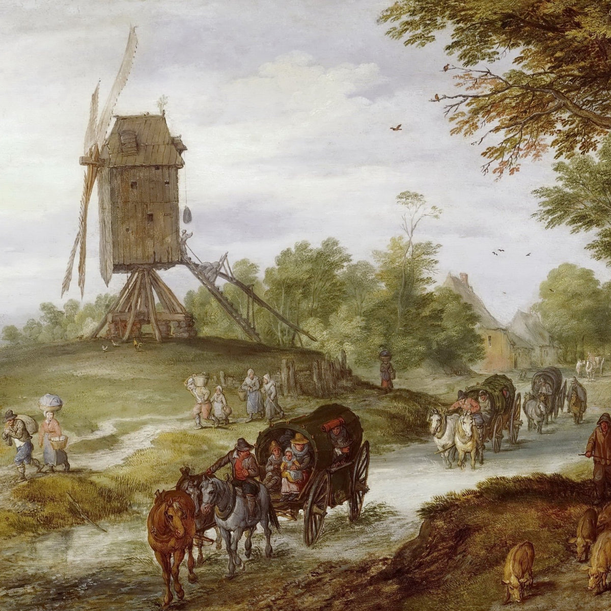 Hand-painted rustic windmill road with horse carriage landscape oil painting on canvas