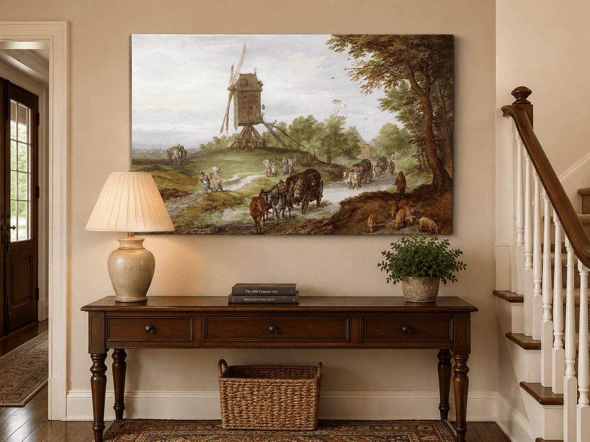 Landscape Oil Painting - Rustic Windmill Road with Horse Carriage
