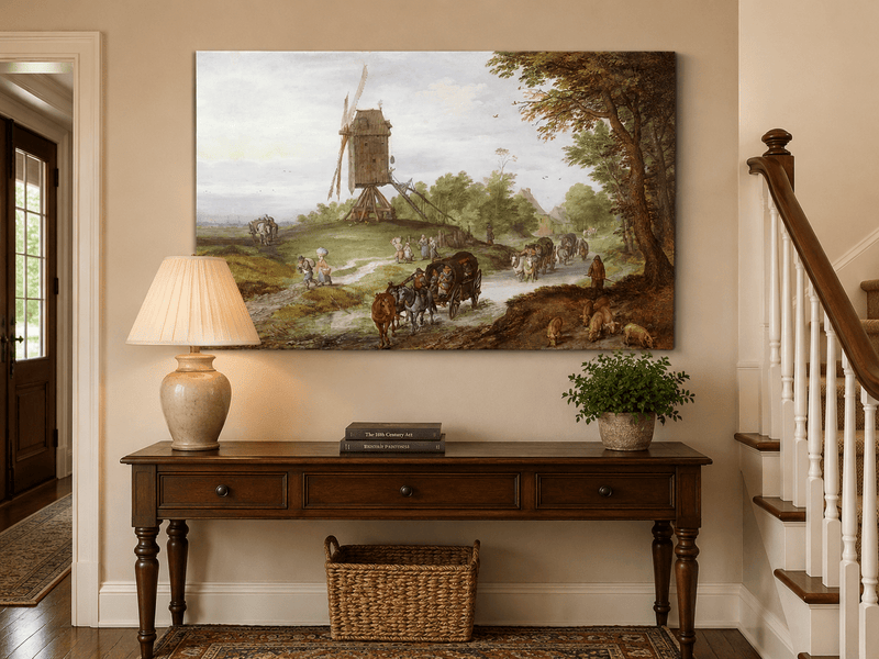 Landscape Oil Painting - Rustic Windmill Road with Horse Carriage
