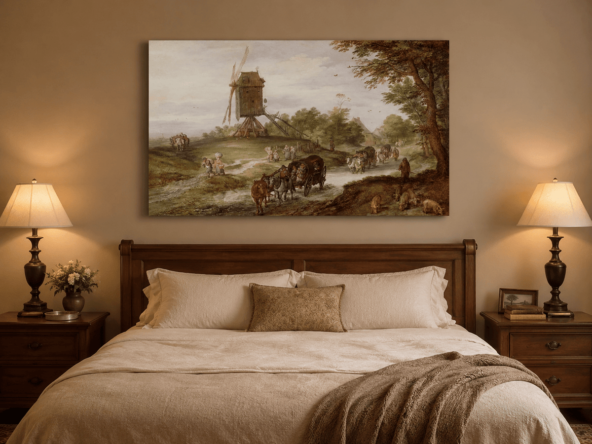 Landscape Oil Painting - Rustic Windmill Road with Horse Carriage