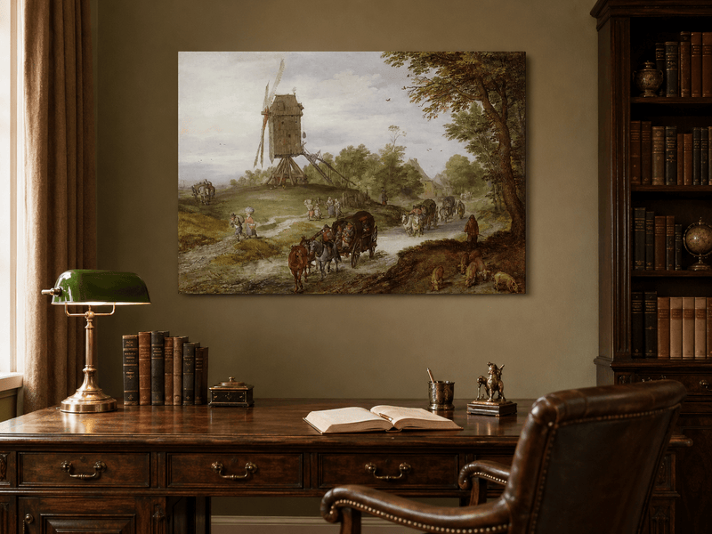 Landscape Oil Painting - Rustic Windmill Road with Horse Carriage