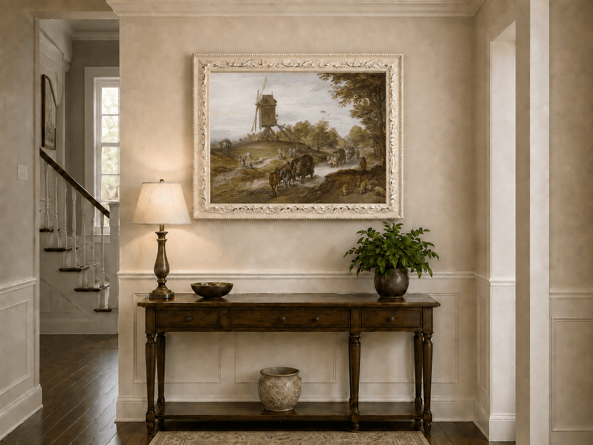 Landscape Oil Painting - Rustic Windmill Road with Horse Carriage