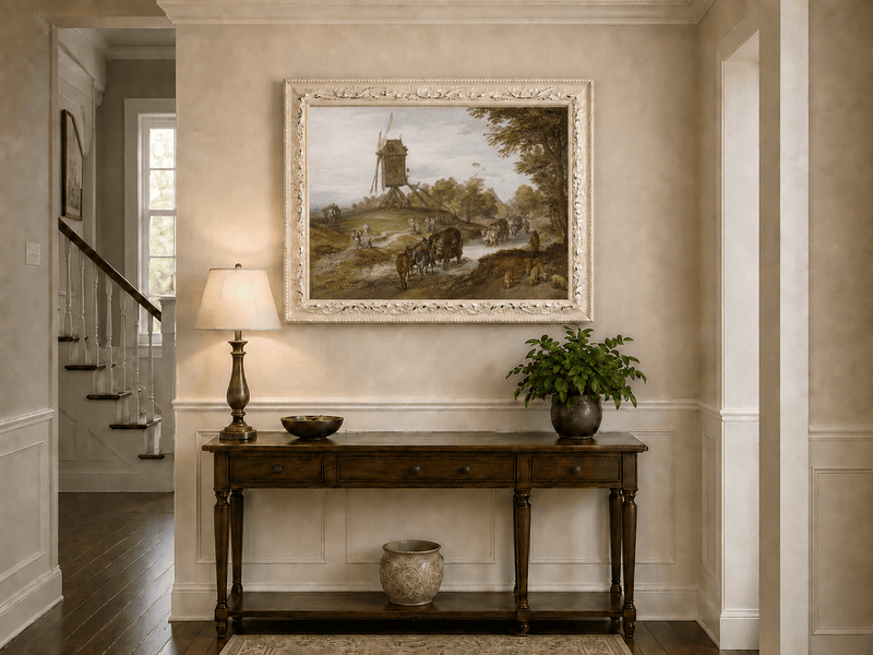 Landscape Oil Painting - Rustic Windmill Road with Horse Carriage