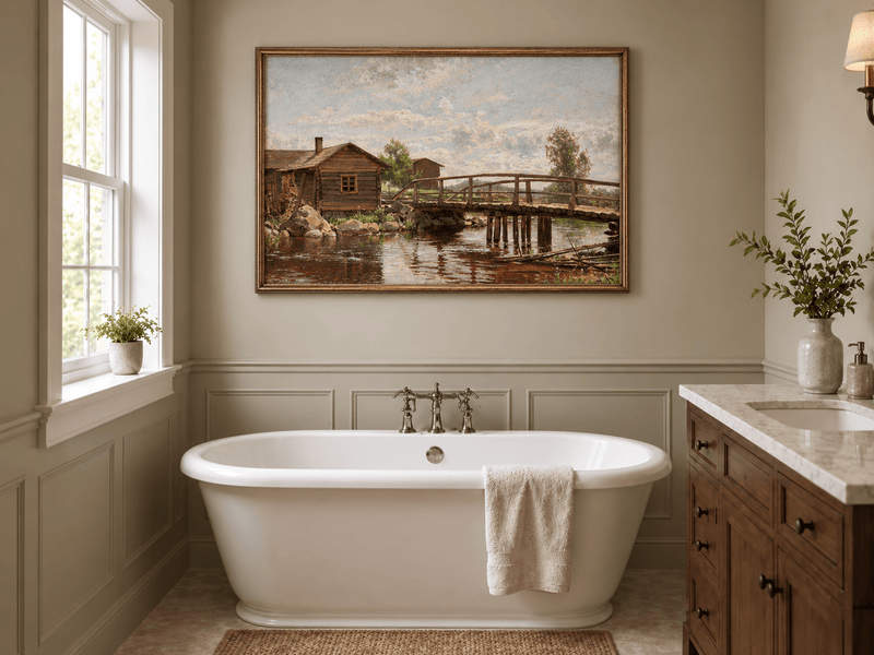 Pintura al óleo de paisaje: cabaña rural con puente de madera rústico