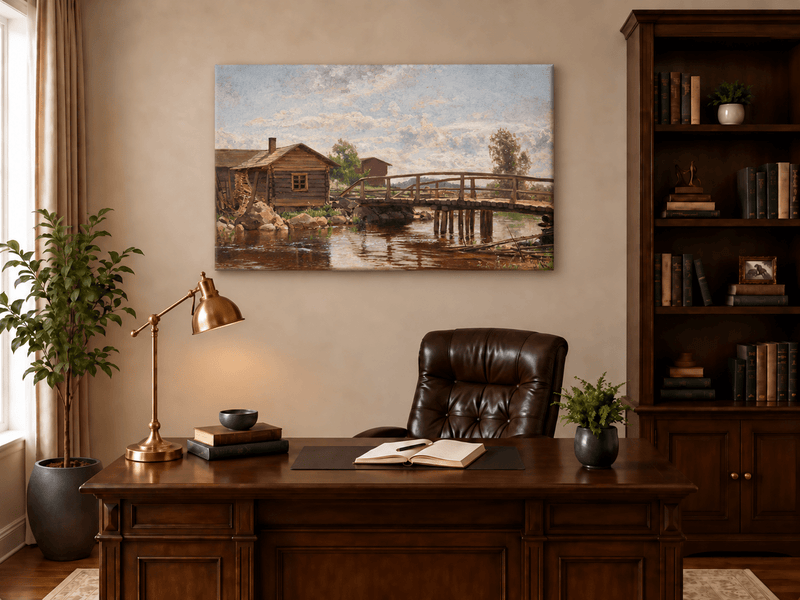 Pintura al óleo de paisaje: cabaña rural con puente de madera rústico