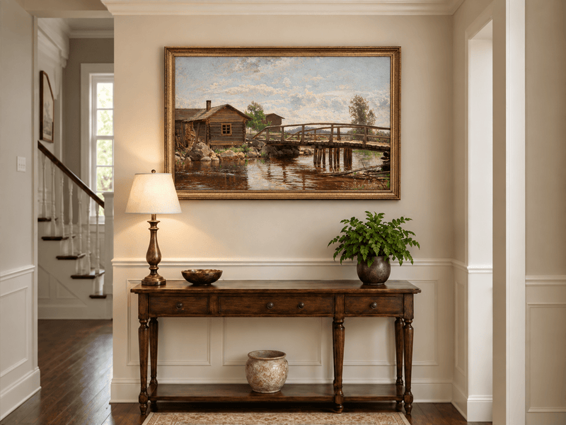Pintura al óleo de paisaje: cabaña rural con puente de madera rústico