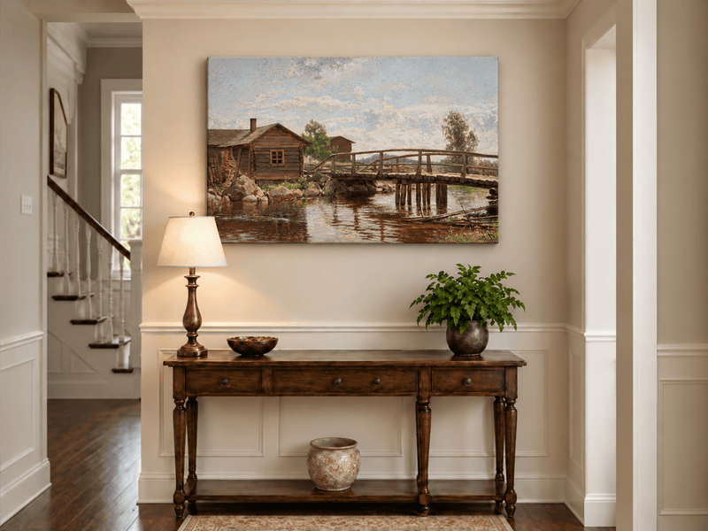 Pintura al óleo de paisaje: cabaña rural con puente de madera rústico