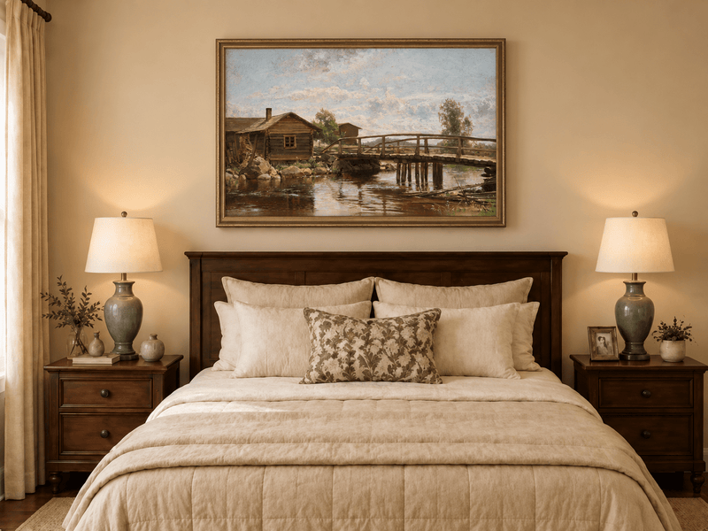 Pintura al óleo de paisaje: cabaña rural con puente de madera rústico
