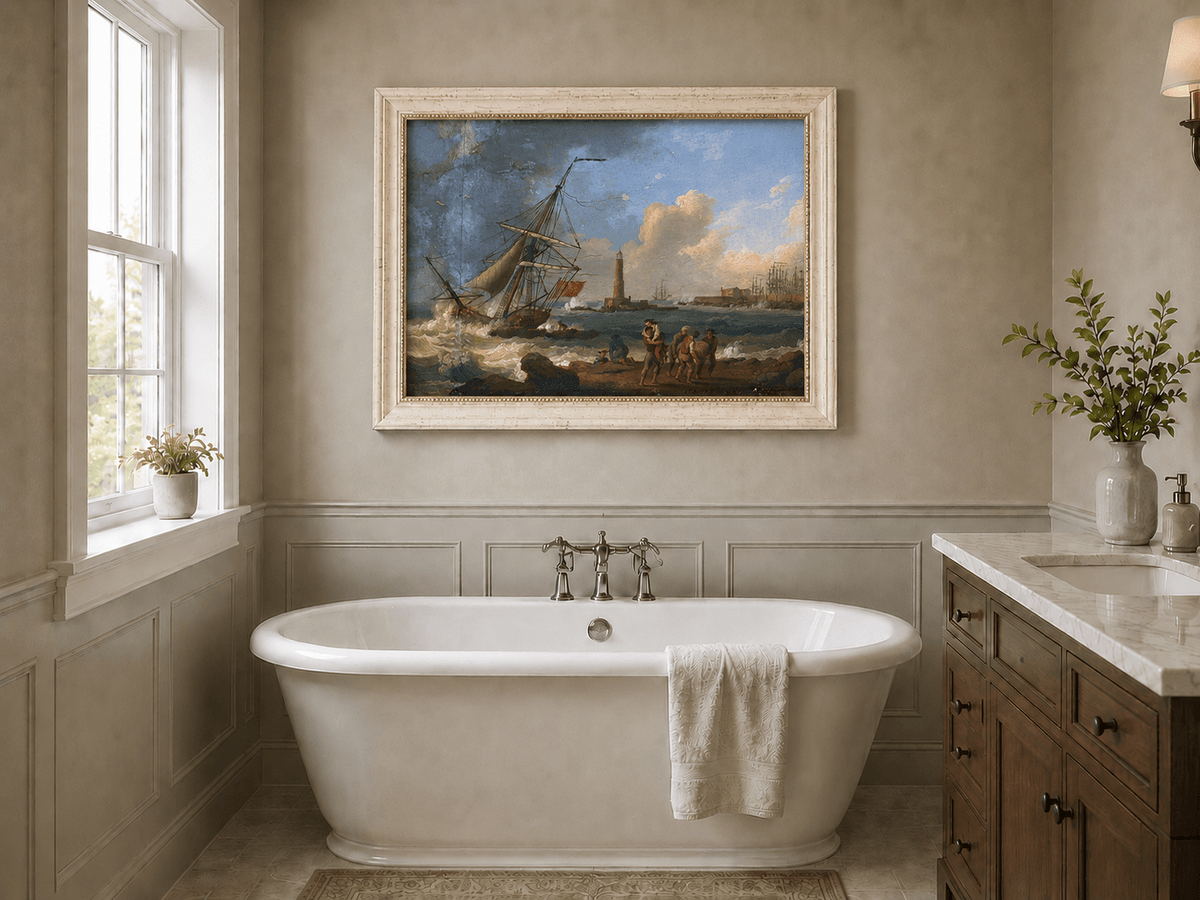 Landscape Oil Painting - Sailboat, Coastal Figures, Lighthouse