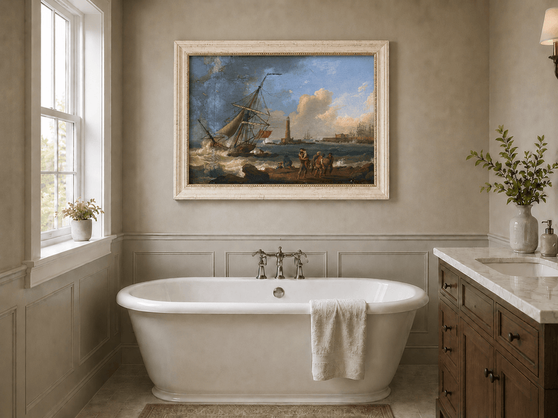 Landscape Oil Painting - Sailboat, Coastal Figures, Lighthouse