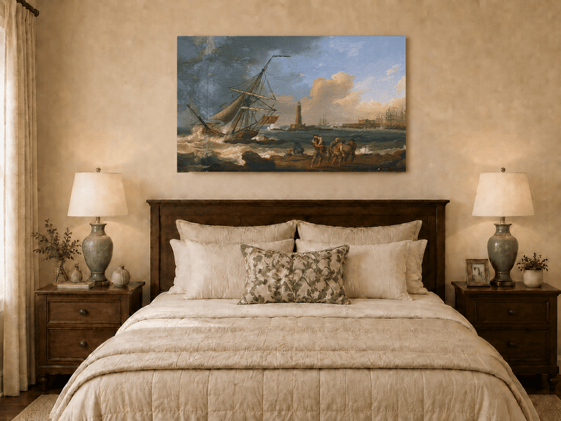 Landscape Oil Painting - Sailboat, Coastal Figures, Lighthouse