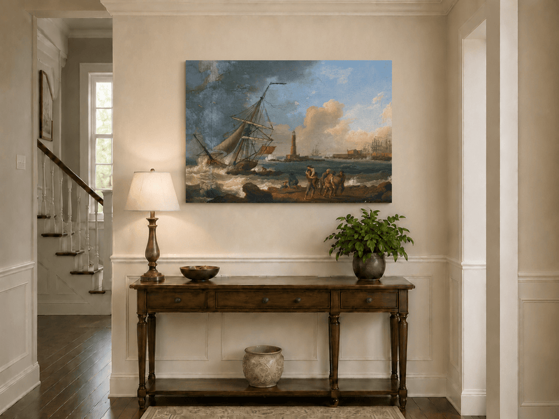 Landscape Oil Painting - Sailboat, Coastal Figures, Lighthouse