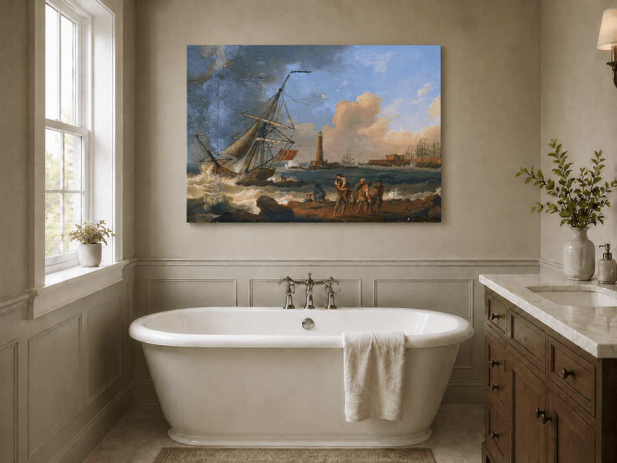 Landscape Oil Painting - Sailboat, Coastal Figures, Lighthouse
