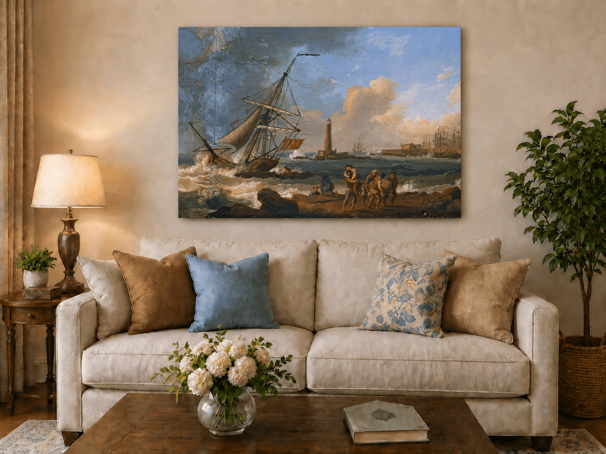 Landscape Oil Painting - Sailboat, Coastal Figures, Lighthouse