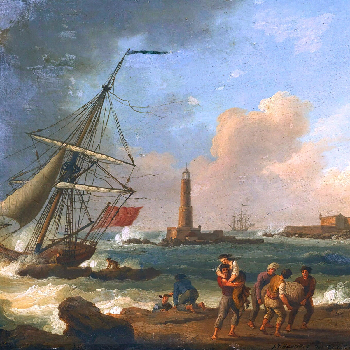 Landscape Oil Painting - Sailboat, Coastal Figures, Lighthouse