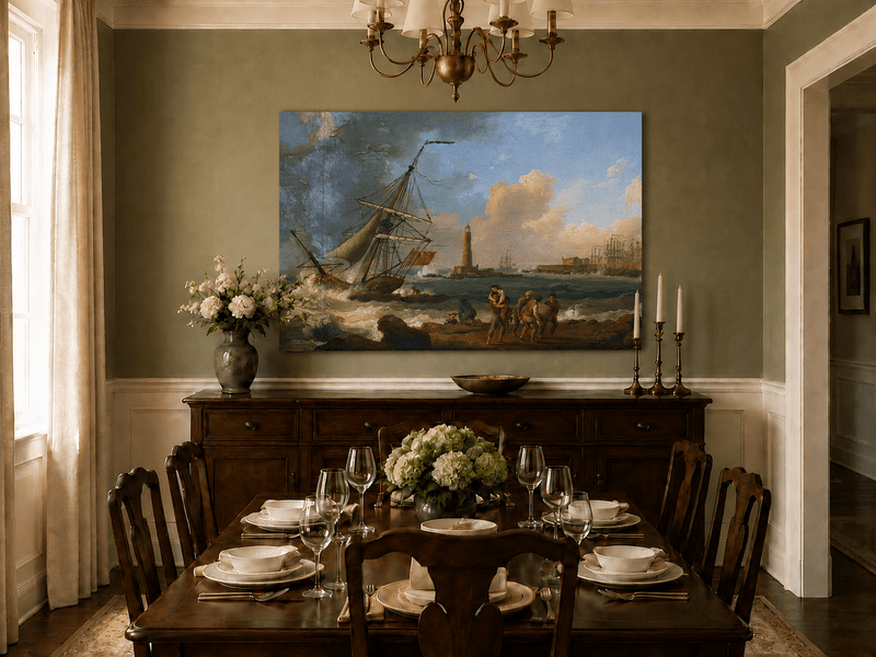 Landscape Oil Painting - Sailboat, Coastal Figures, Lighthouse