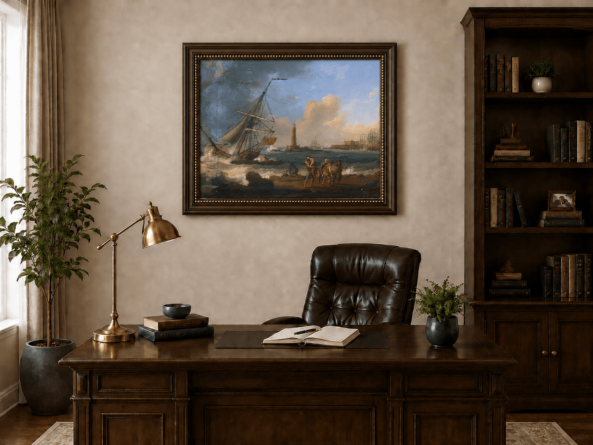 Landscape Oil Painting - Sailboat, Coastal Figures, Lighthouse