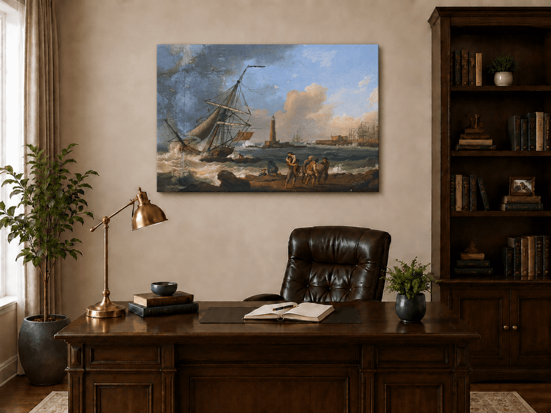 Landscape Oil Painting - Sailboat, Coastal Figures, Lighthouse
