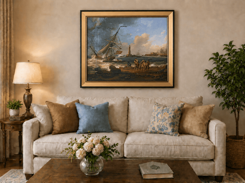 Landscape Oil Painting - Sailboat, Coastal Figures, Lighthouse