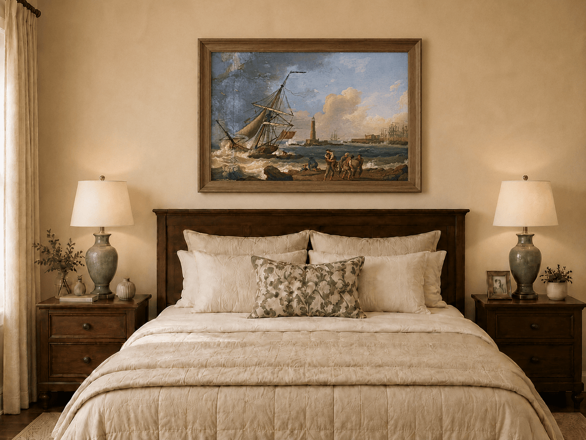 Landscape Oil Painting - Sailboat, Coastal Figures, Lighthouse