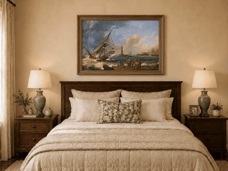 Landscape Oil Painting - Sailboat, Coastal Figures, Lighthouse