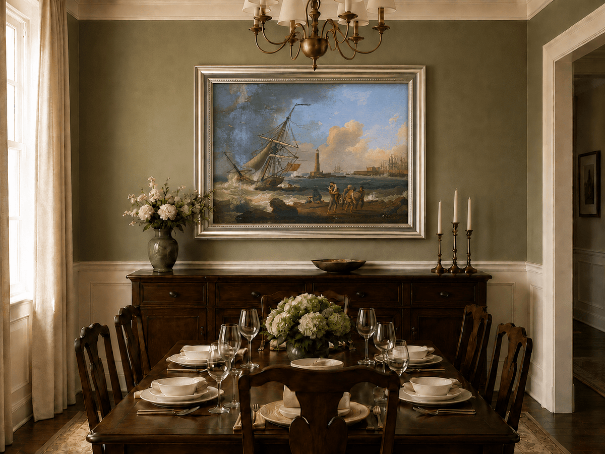 Landscape Oil Painting - Sailboat, Coastal Figures, Lighthouse