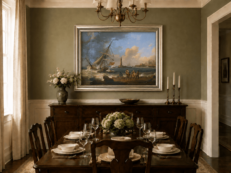 Landscape Oil Painting - Sailboat, Coastal Figures, Lighthouse