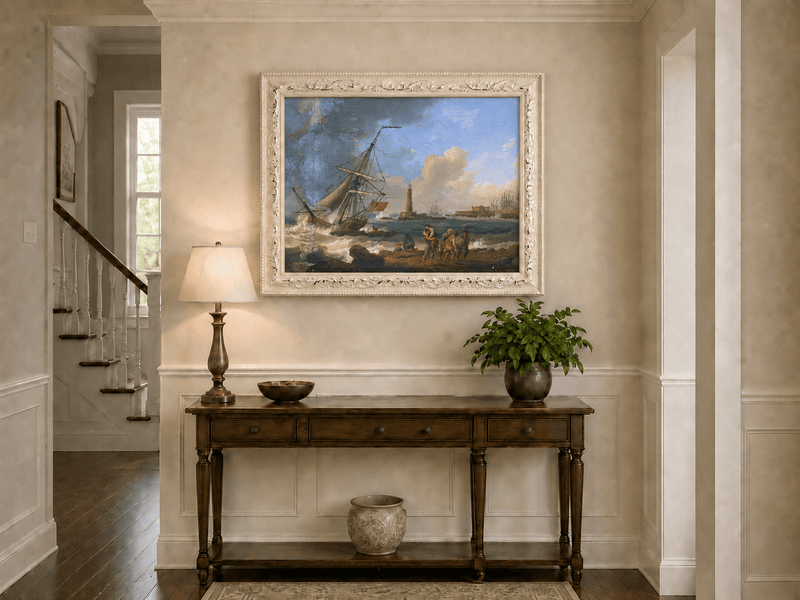 Landscape Oil Painting - Sailboat, Coastal Figures, Lighthouse