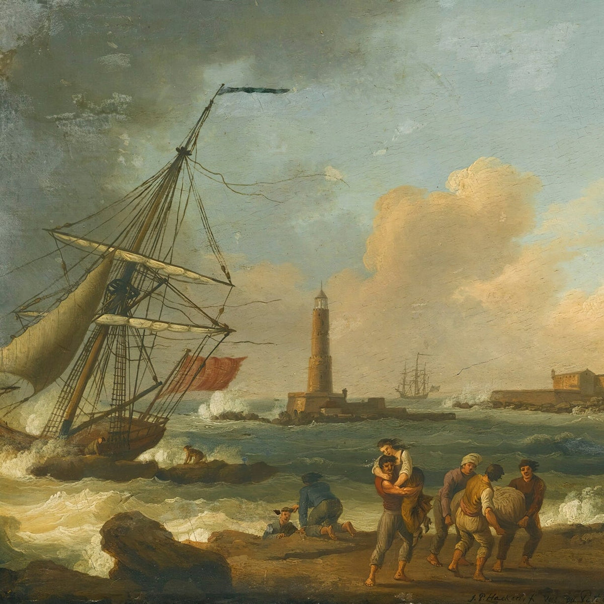 Landscape Oil Painting - Sailboat, Coastal Figures, Lighthouse & Sea - Oil Painting Haven