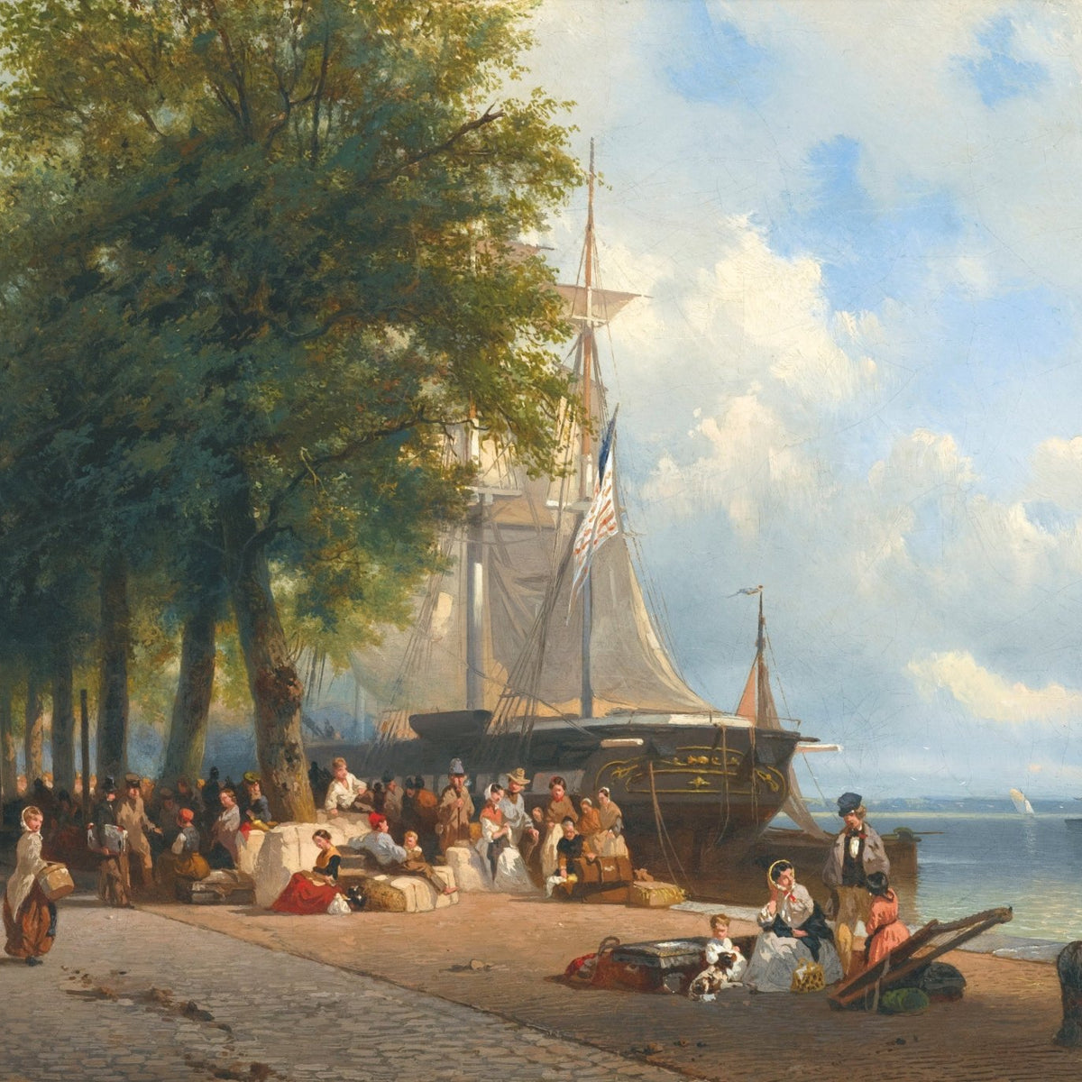 Landscape Oil Painting - Sailboat & Lively Seaside Crowd - Oil Painting Haven