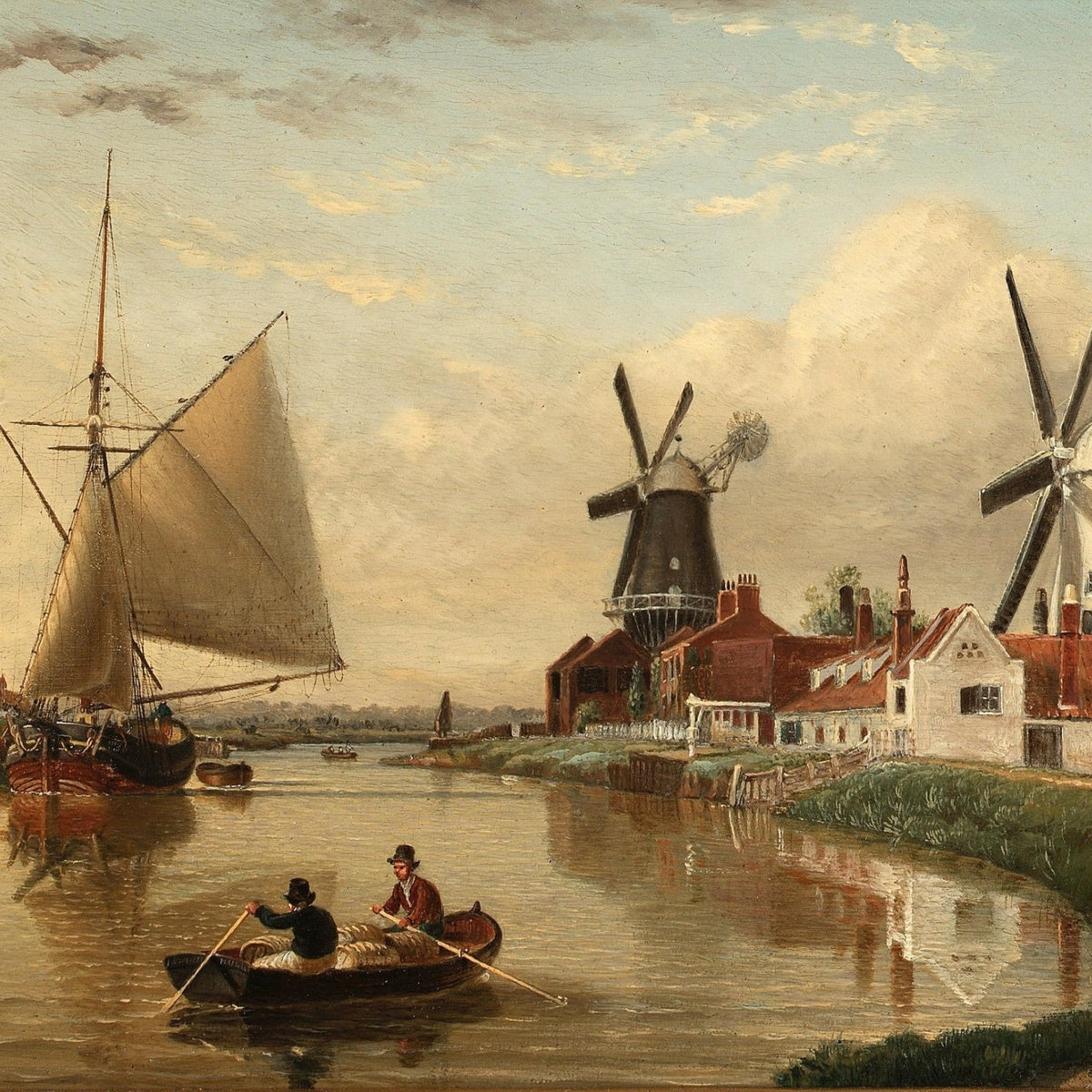 Hand-painted sailboat, windmills and river village landscape oil painting on canvas