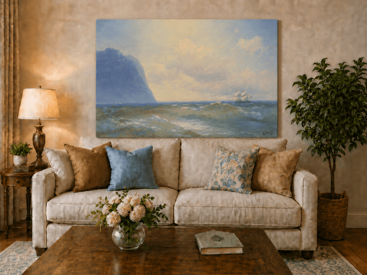 Hand-painted sailing beyond the blue cliff seascape oil painting displayed above a sofa in a living room interior.