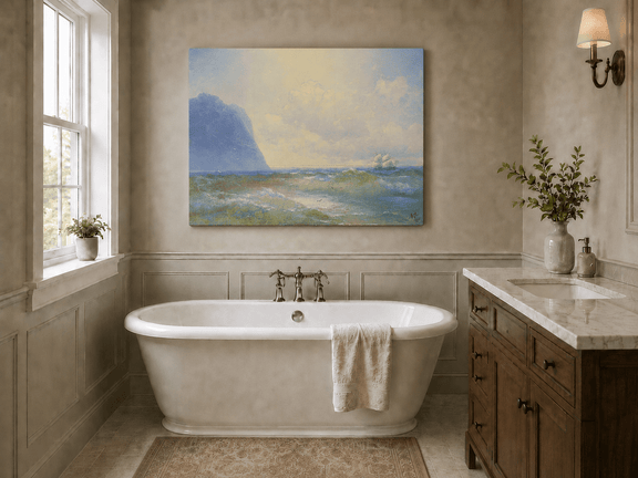 Hand-painted sailing beyond the blue cliff seascape oil painting displayed in a bathroom interior above a bathtub.