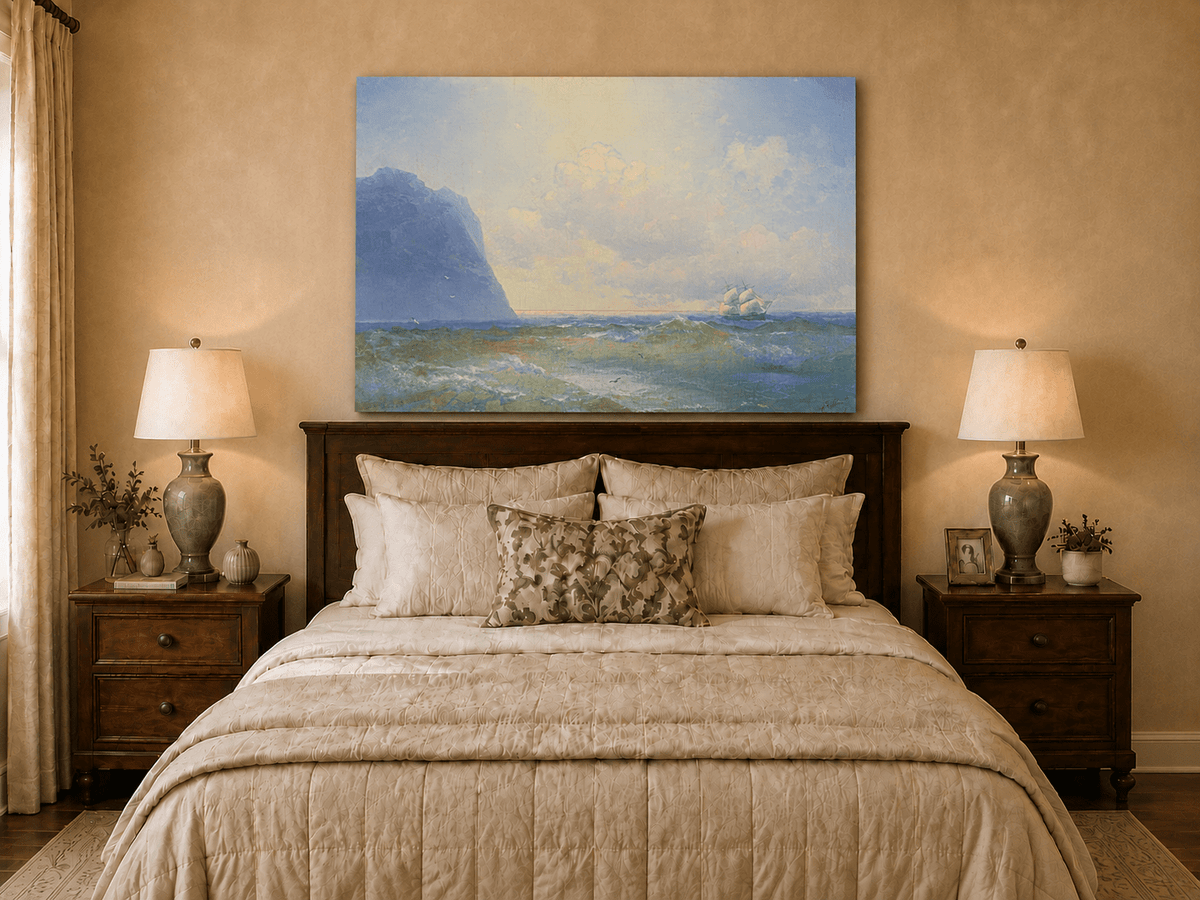 Hand-painted sailing beyond the blue cliff seascape oil painting displayed above a bed in a bedroom interior.