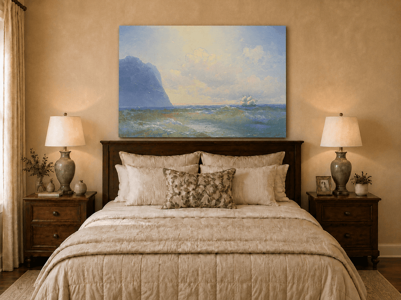 Hand-painted sailing beyond the blue cliff seascape oil painting displayed above a bed in a bedroom interior.