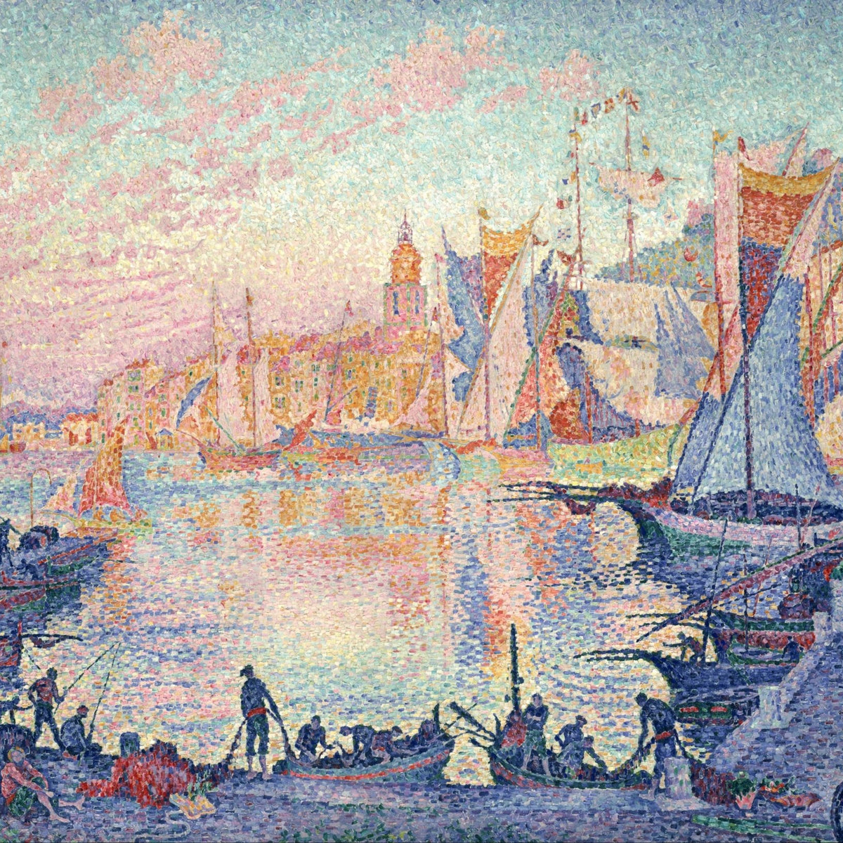 Hand-painted saint-tropez harbor at sunset landscape oil painting on canvas