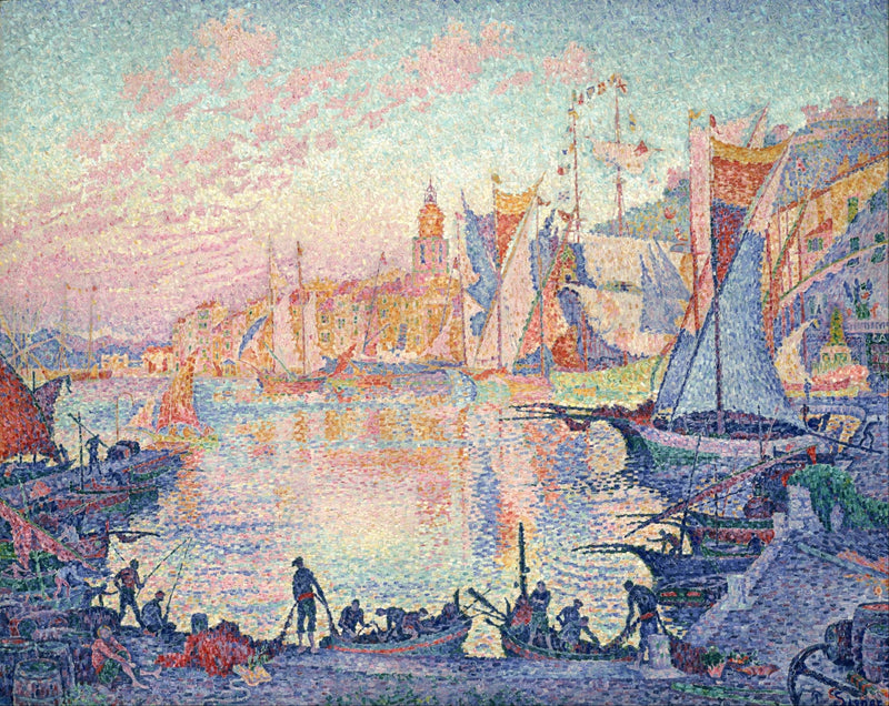 Hand-painted saint-tropez harbor at sunset landscape oil painting on canvas