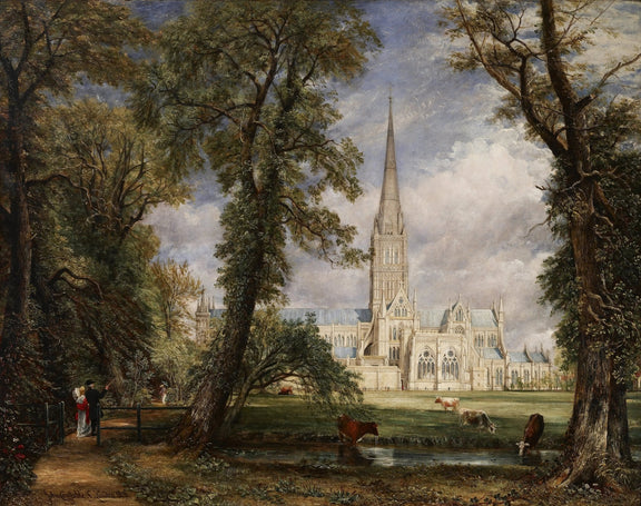 Landscape Oil Painting - Salisbury Cathedral with Figures & Cattle - Oil Painting Haven