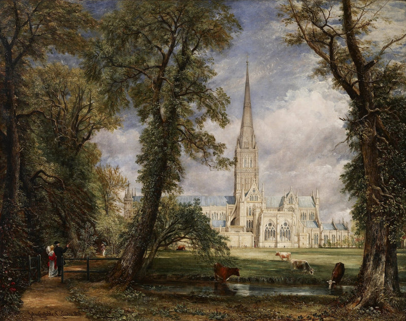 Landscape Oil Painting - Salisbury Cathedral with Figures & Cattle - Oil Painting Haven
