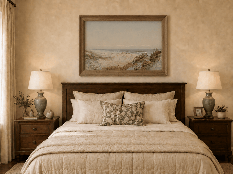 Framed hand-painted coastal oil painting with sand dunes, beach grass and a calm ocean displayed above a wooden bed in a neutral bedroom.