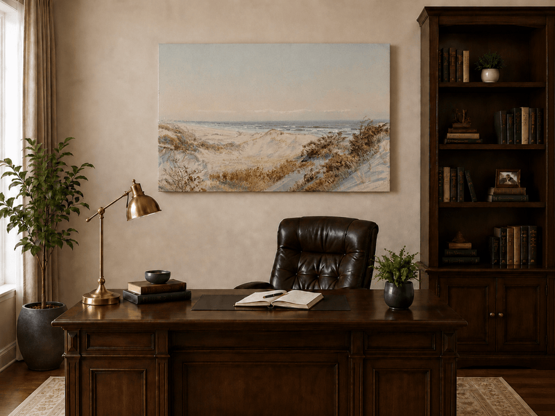 Unframed hand-painted coastal oil painting with sand dunes, beach grass and a calm ocean displayed above a traditional home office desk.