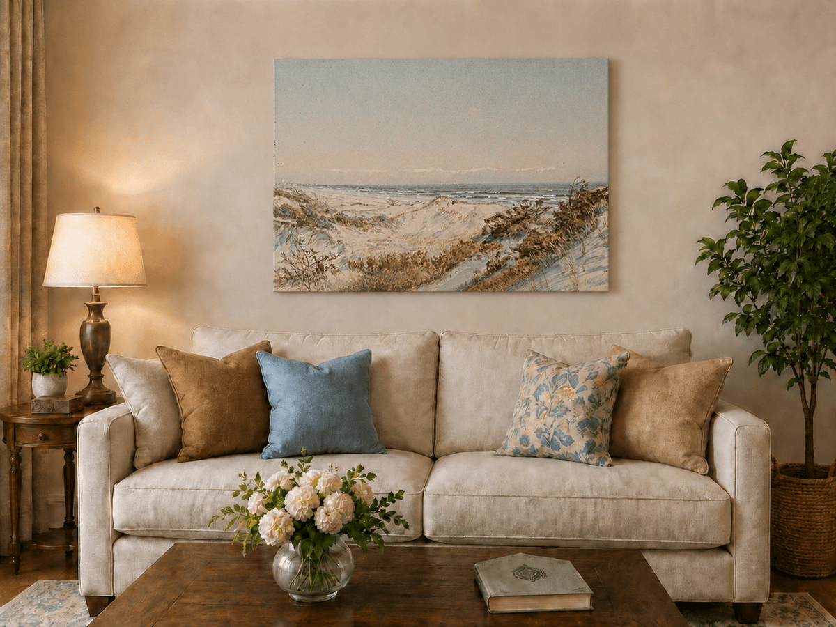 Unframed hand-painted coastal oil painting with sand dunes, beach grass and a calm ocean displayed above a neutral living room sofa.
