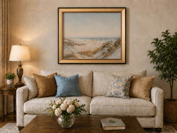 Framed hand-painted coastal oil painting with sand dunes, beach grass and a calm ocean displayed above a neutral living room sofa.
