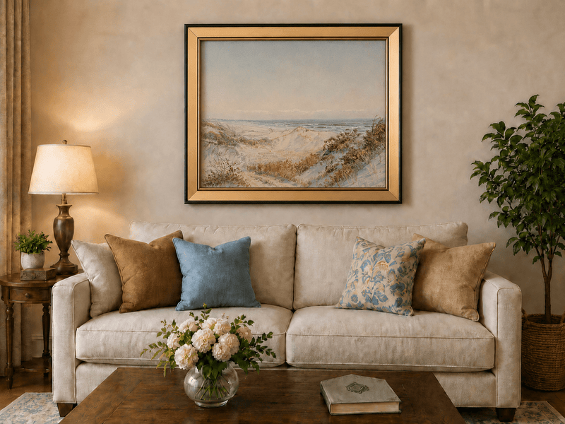 Framed hand-painted coastal oil painting with sand dunes, beach grass and a calm ocean displayed above a neutral living room sofa.