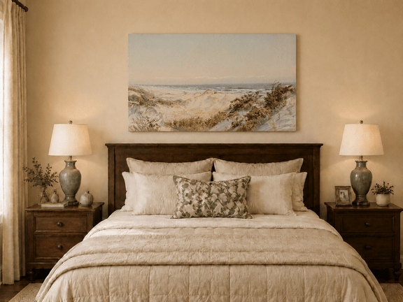 Unframed hand-painted coastal oil painting with sand dunes, beach grass and a calm ocean displayed above a wooden bed in a neutral bedroom.